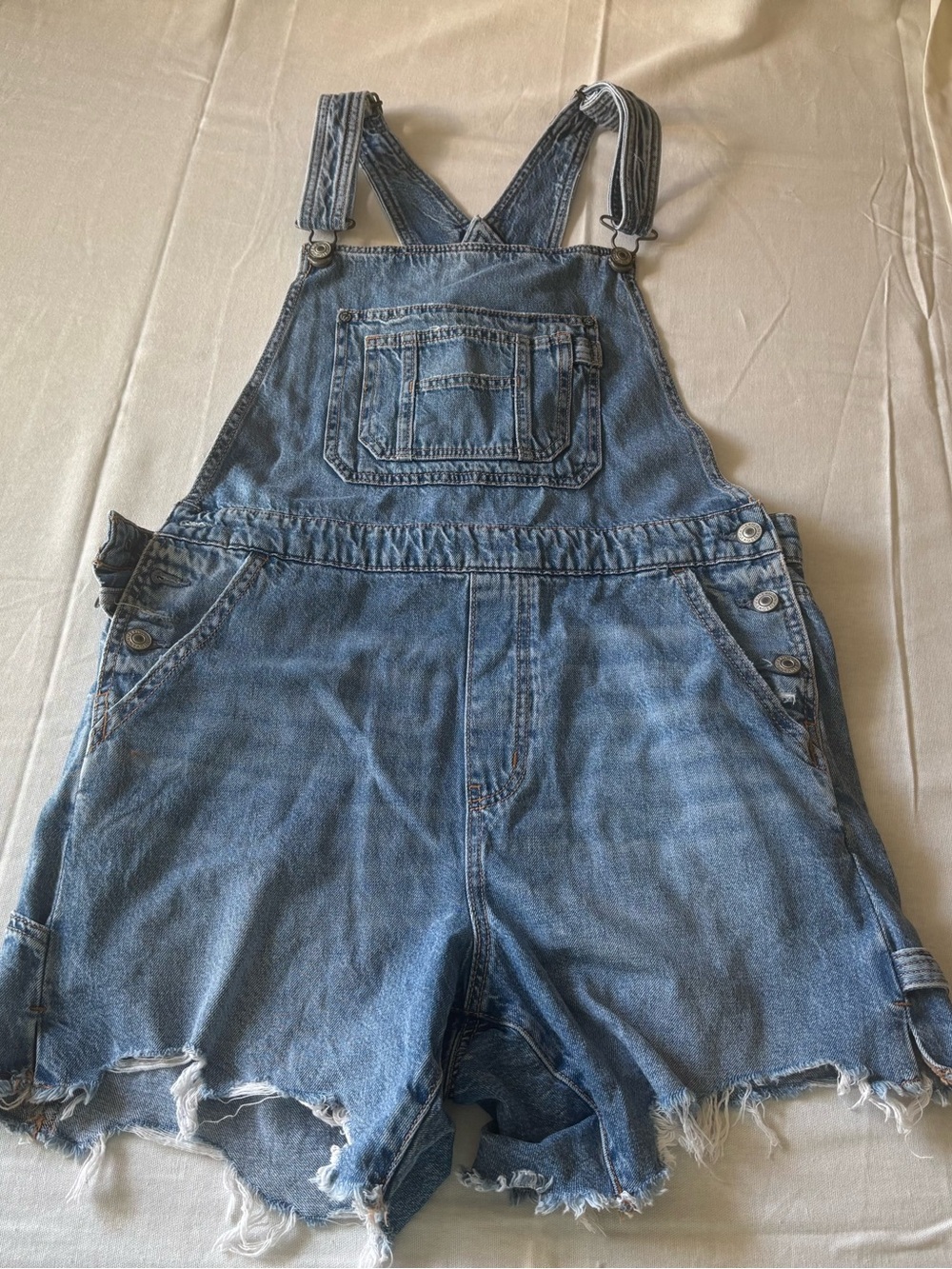 American Eagle Outfitters Distressed Blue Denim Short Overalls